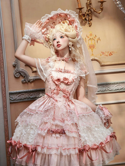 Pink Hanayome Lolita Hime Dress with Corset Waist and Rose Bow Accents Short Version