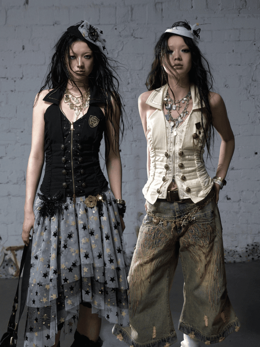 Vintage Gold-tone Buttons Navycore Black/Beige Zip-up Backless Halter Top