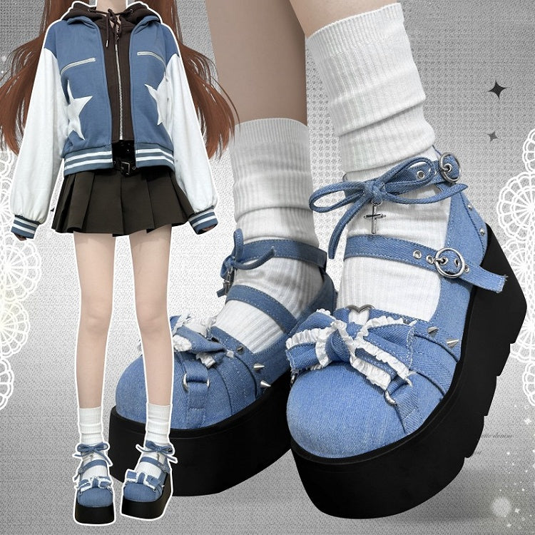 Spike Studs Bow Accents Blue Cross Gothic Platforms Punk Shoes
