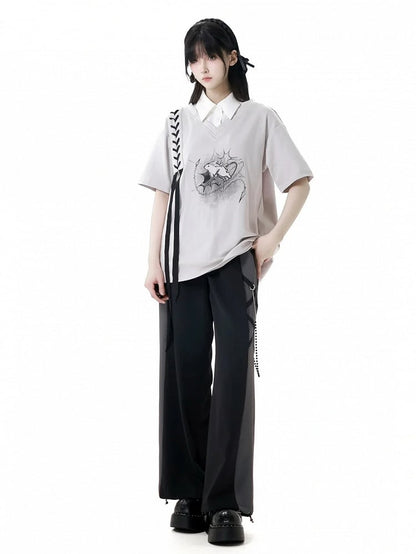 Clearance-Size S for Bust 110CM Gray Bunny Print Faux Two-pieces T-Shirt