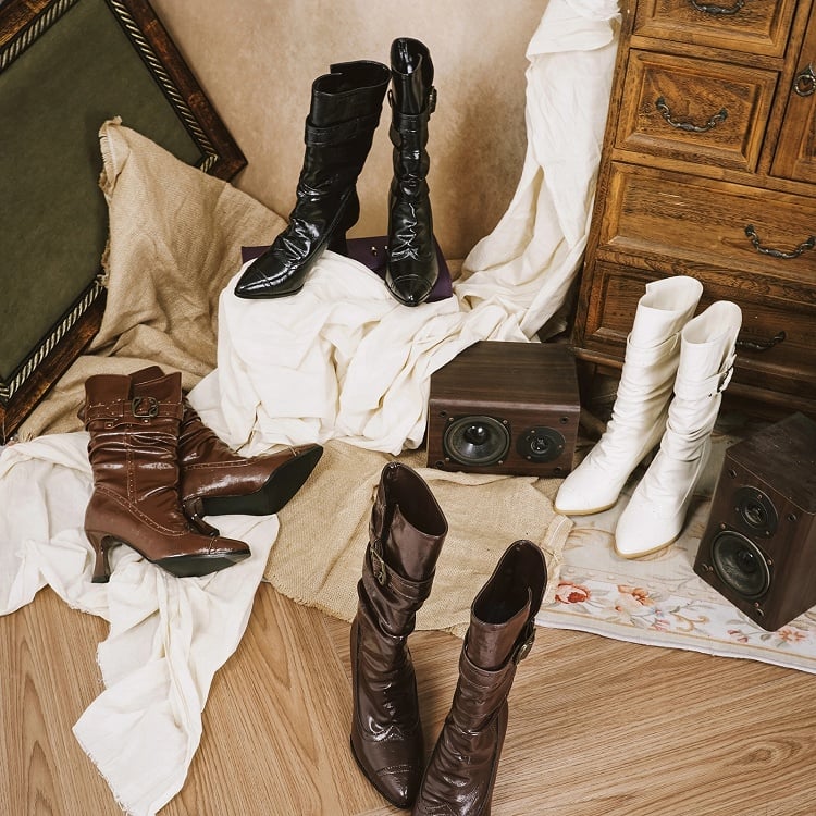 Black Classic Lolita Pointed Toe Boots - PU High Heel with Convertible Cuff & Vintage Inspired Fasteners