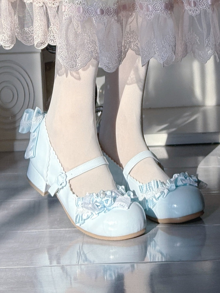Sweet Light Blue Lolita Low Heels - PU Leather with Blossom Motifs, Delicate Bows & Ruffles Trim