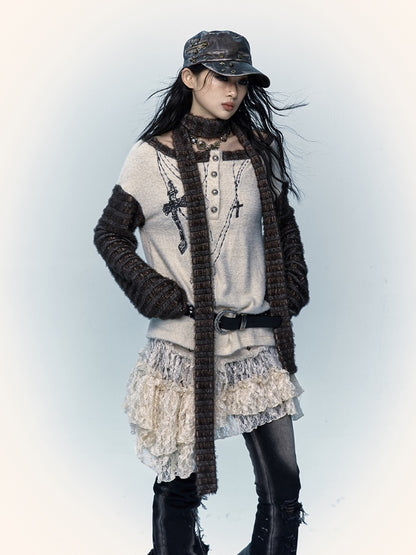 Off-the-shoulder Cross Embroidery Apricot Top with Scarf