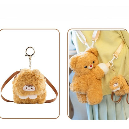 Dark Yellow Bear Plush Backpack Crossbody Bag + Plush Bear Backpack Keychain Small/Middle/Large Size