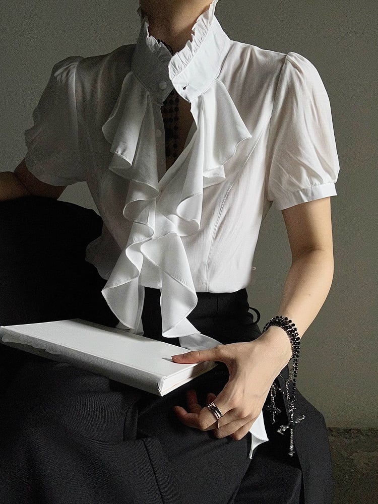 Ouji Lolita Vintage White Puff Sleeve Shirt with Detachable Lace Necklace & Cascading Ruffles