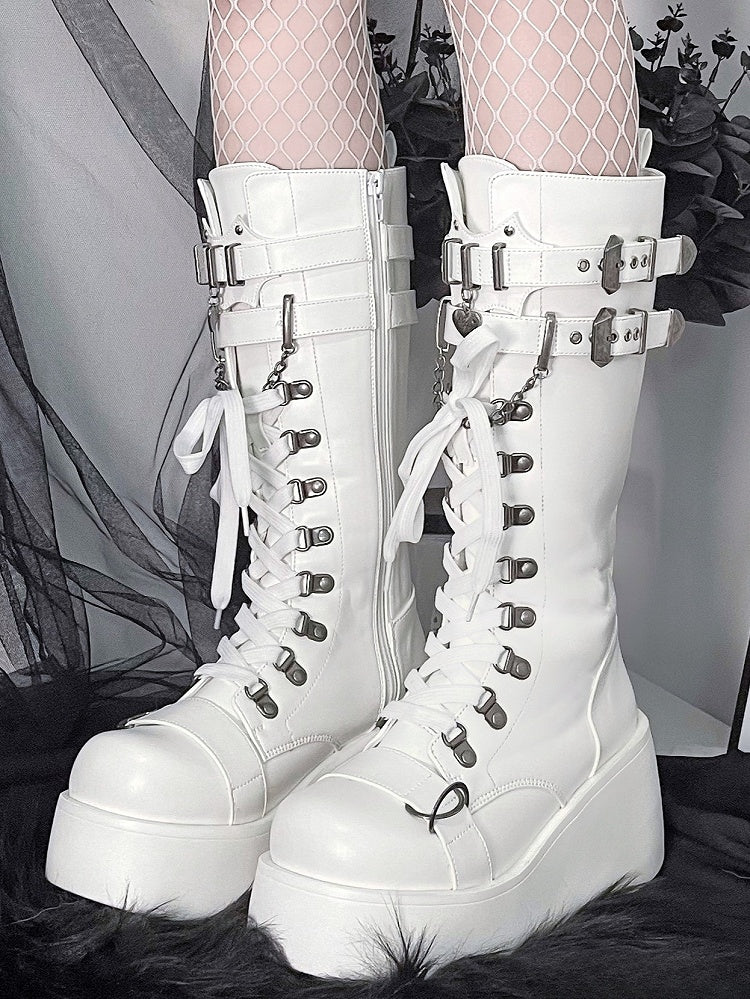 Knee High Punk Matte White Platform Boots