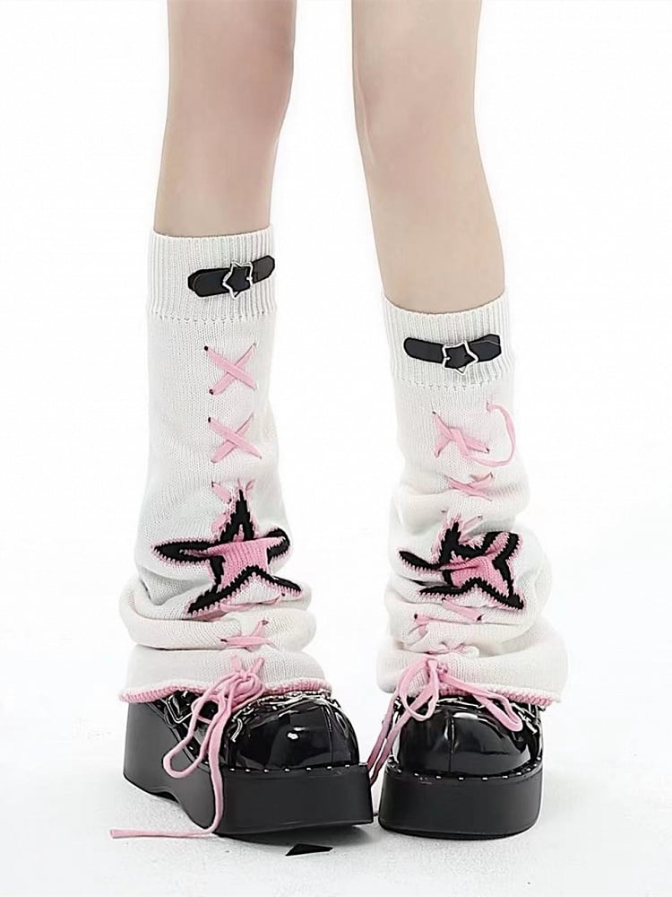 Star Buckles Lace-up Knitted Leg Warmers White/Black/Pink