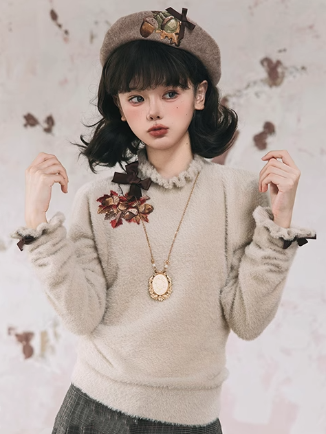 Maple Leaf Embroidery Neckline Bowknot on Cuffs Khaki Autumn Knit Top