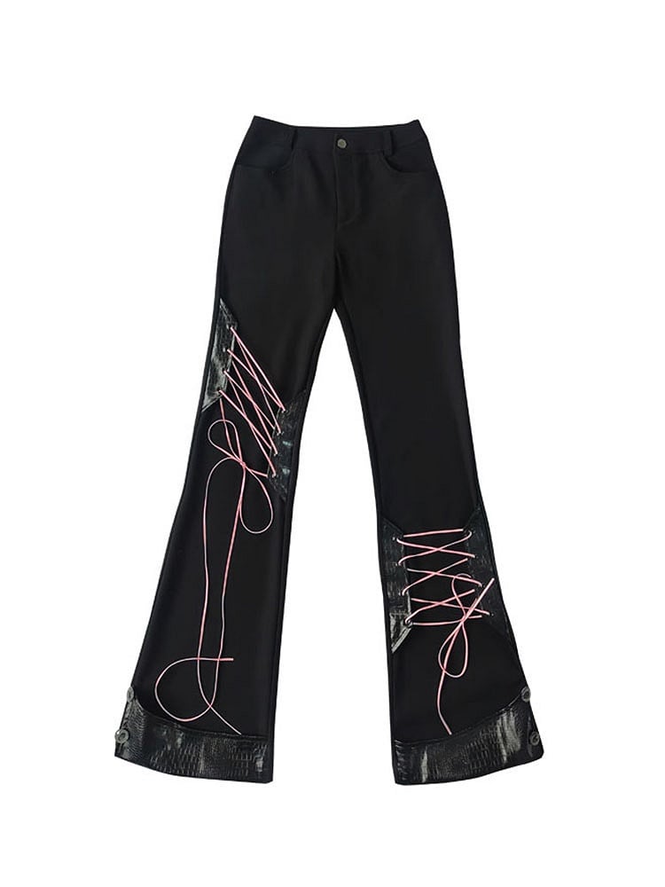 Black Lace-up Detail Flared Pants