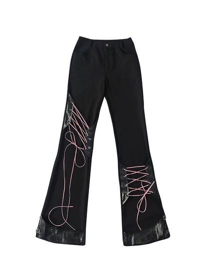 Black Lace-up Detail Flared Pants