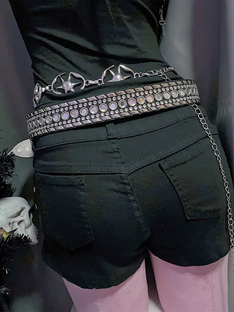 Black/White Punk Rhinestone Decorated Studs Details Waist Belt
