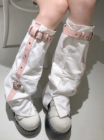 White Punk Buckles Decorated Pin Details Leg Warmers