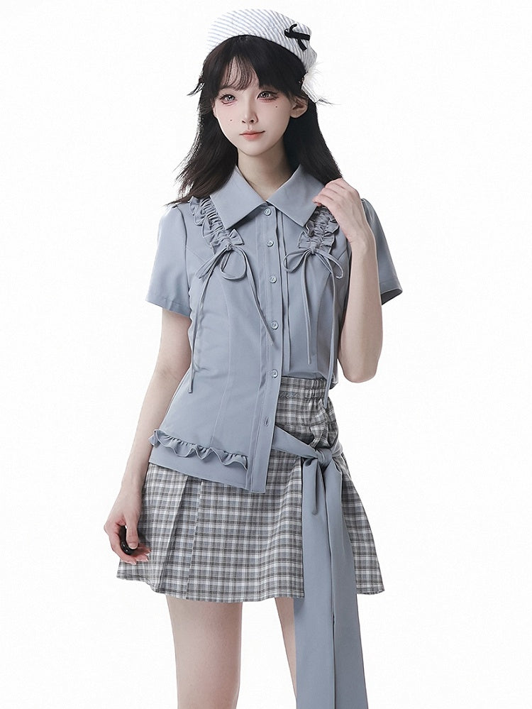 Dusty Blue Box Pleat Plaid Skirt Short/Long Version with Waist Belt