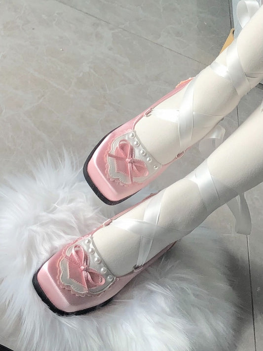 Pink Balletcore Lace-up at Ankle Square-toe Satin Shoes