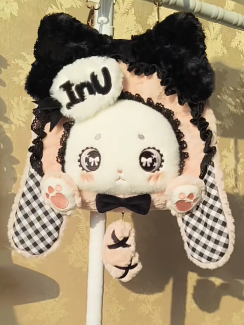 Sweet Lolita Black Plaid Lop Ear Bunny Pink Plush Bag