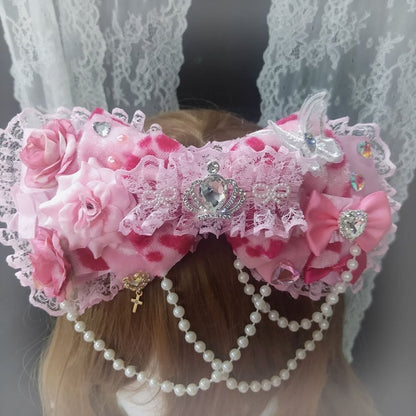 Pink Leopard Pattern Floral Design Beaded Charm Rhinestone Decorated Lace Trim Bowknot Hairclip
