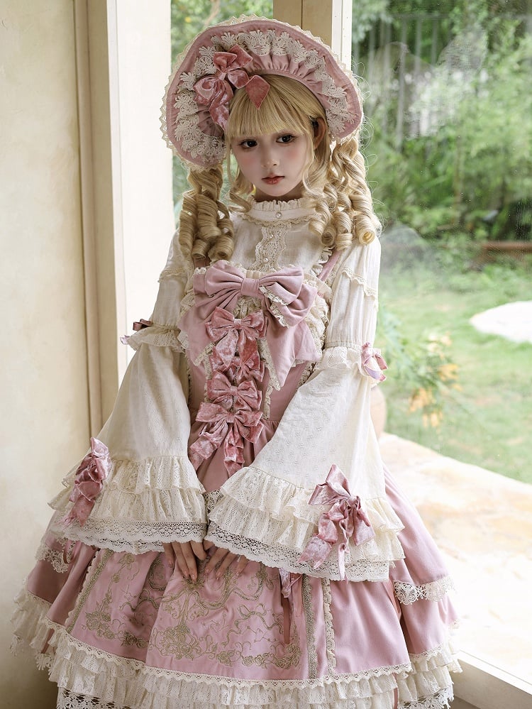 Bows Decoration Candle Embroidery Pink Velvet Dress Lolita JSK / Set