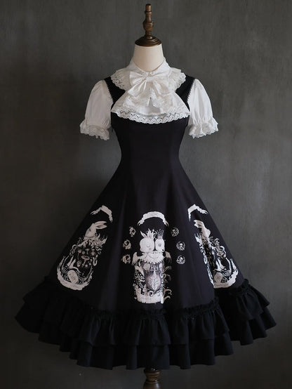 Bunny Print Black Dark Gothic Lolita Slim Fit Waist Dress