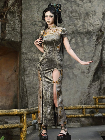 Cheongsam Collar Gothic Thigh-high Slit Qipao Dusty Green and Yellow