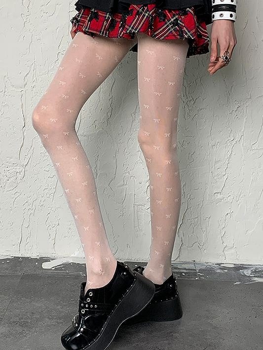 White Bowknot Print Y2K Tights