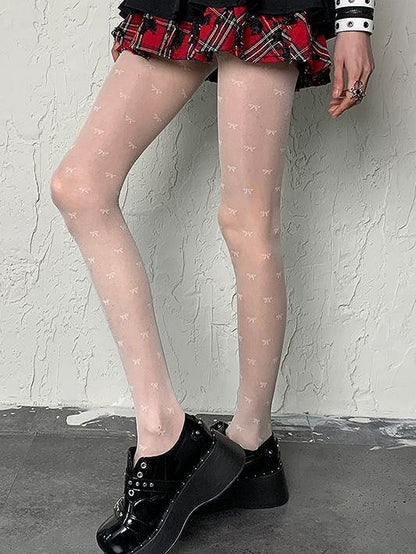 White Bowknot Print Y2K Tights