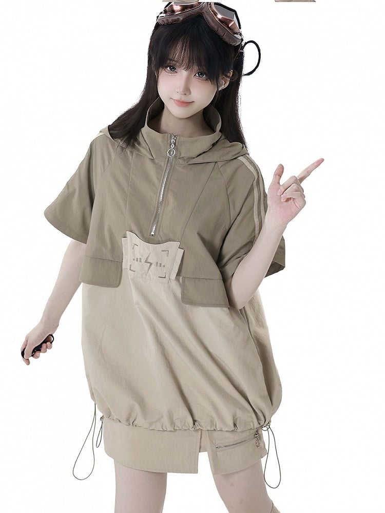 Khaki Colorblock Lightning Embroidery Drawstring Hem Techwear Hooded T-shirt