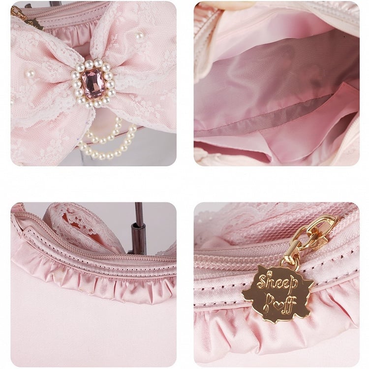 White Shoulder Bag in Sweet Lolita - Satin with Sparkling Beaded Bow