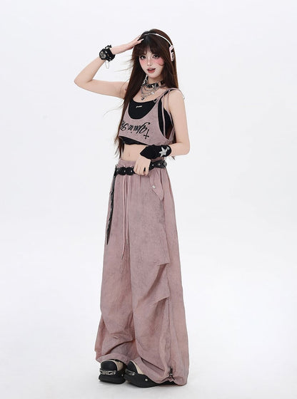 Dusty Pink Drawstring Waist Wasteland Punk Pants with Asymmetrical Waist Accessory