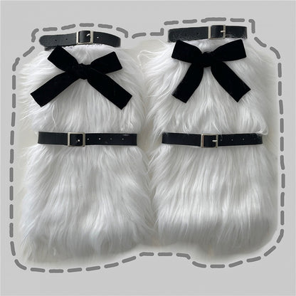 White Plush Leg Warmers With Black Bow Decoration