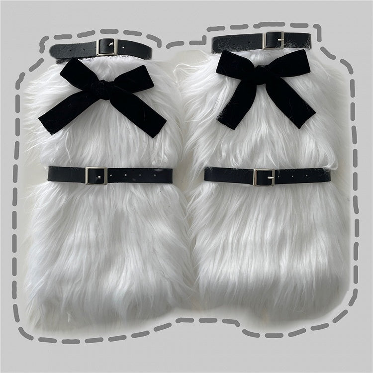 White Plush Leg Warmers With Black Bow Decoration