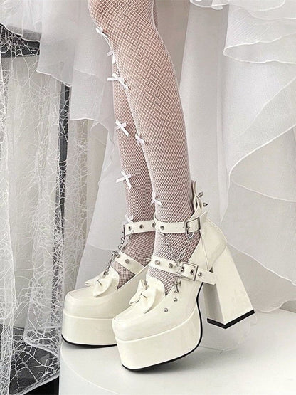 Spike Studs White Platform Block High Heels Punk Goth Shoes