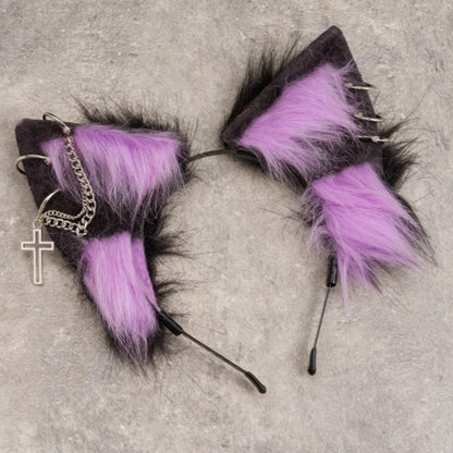 Gothic Black and Purple Kitty Ears KC with Cross Chains