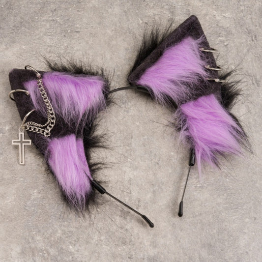 Gothic Black and Purple Kitty Ears KC with Cross Chains