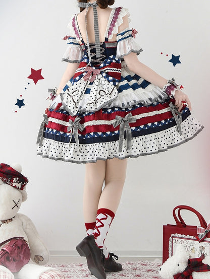 Dark Blue and Red Blueberry Cake Bow Accents Tiered Skirt Sweet Lolita Dress