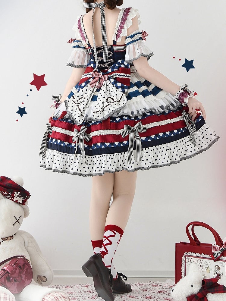 Dark Blue and Red Blueberry Cake Bow Accents Tiered Skirt Sweet Lolita JSK Full Set