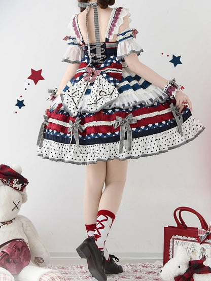 Dark Blue and Red Blueberry Cake Bow Accents Tiered Skirt Sweet Lolita JSK Full Set