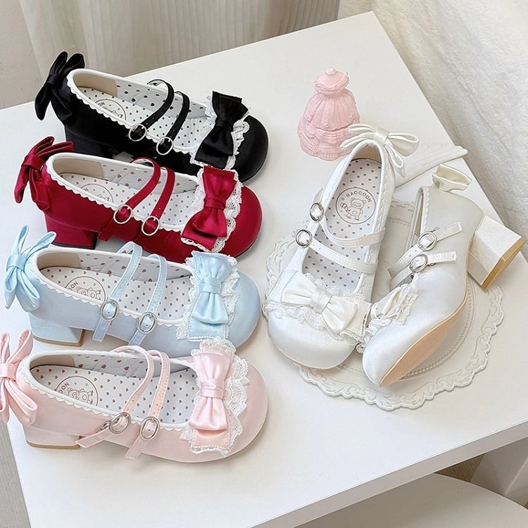 Mid-heel White Mary Janes in Sweet Lolita - Delicate Ruffle Lace, Bow Accents & Twin Clasps