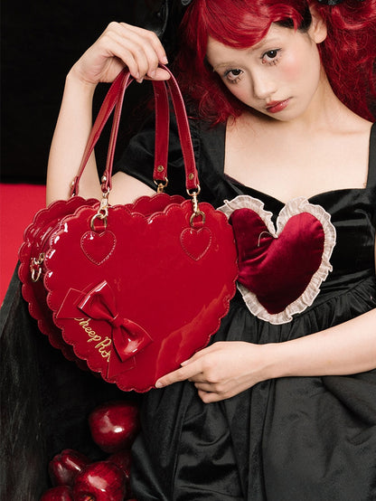 Multi-Way Polished Red Heart Bag for Lolita - Cookie Design with Bow Accent and Secure Zipper