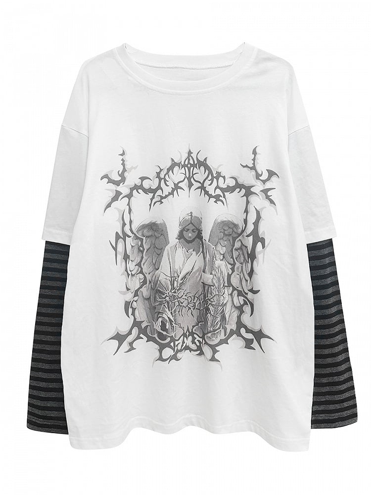 White Dark Kawaii Striped Sleeves Graphic T-shirt