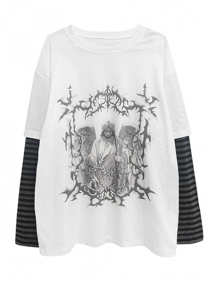 White Dark Kawaii Striped Sleeves Graphic T-shirt