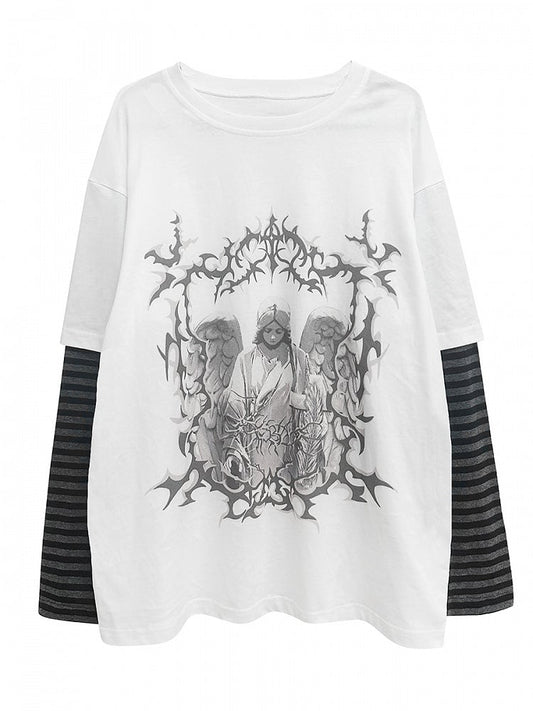 White Dark Kawaii Striped Sleeves Graphic T-shirt