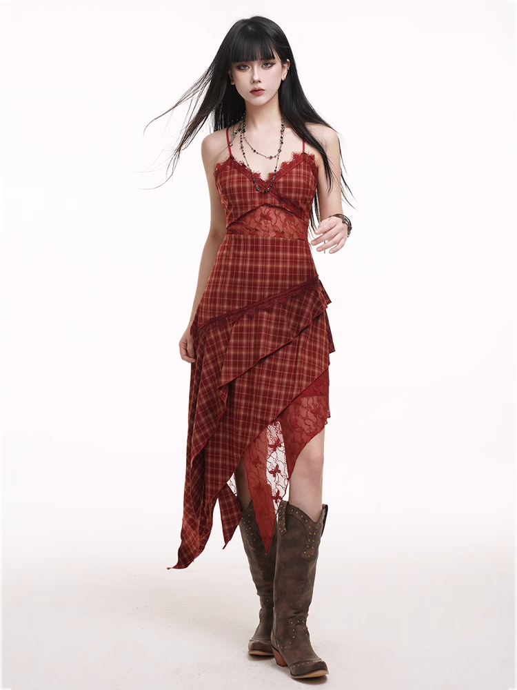 Red Plaid V-neck Handkerchief Hem Cutout Midriff Cami Dress