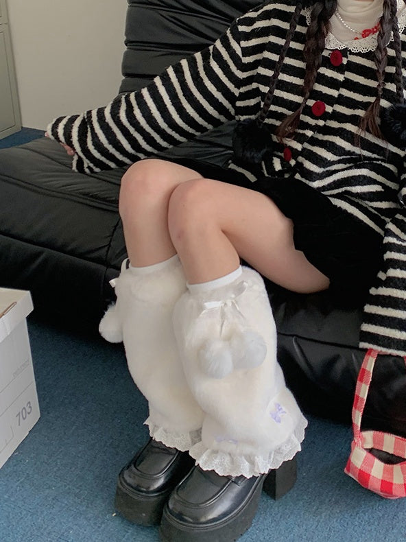 White Sweet Bowknot Lace Trim 20CM/30CM Plush Leg Warmers With Pompons