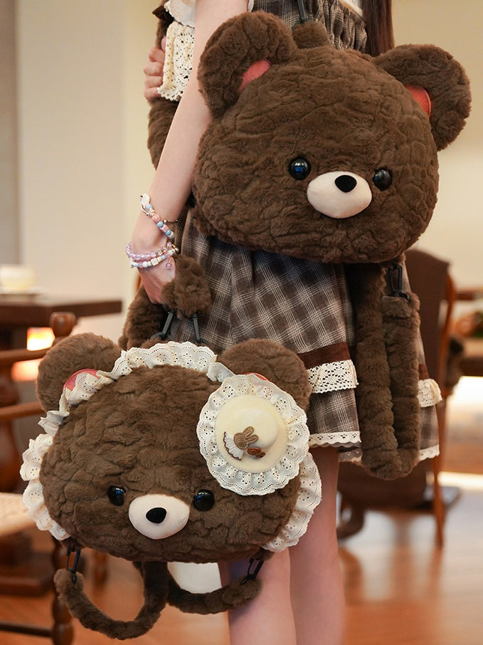 Brown Bear-shaped Lace Design Plush Backpack