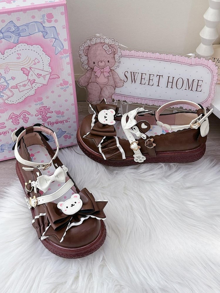 Brown Sweet Lolita Mary Janes - 3cm Flat Design with Bear Elements & Bow Embellishments