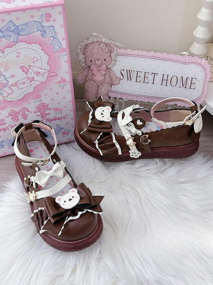 Brown Sweet Lolita Mary Janes - 3cm Flat Design with Bear Elements & Bow Embellishments