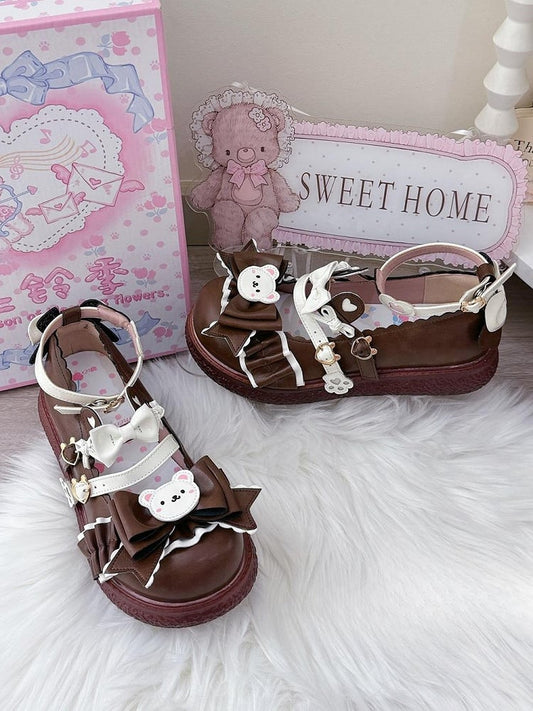 Brown Sweet Lolita Mary Janes - 3cm Flat Design with Bear Elements & Bow Embellishments