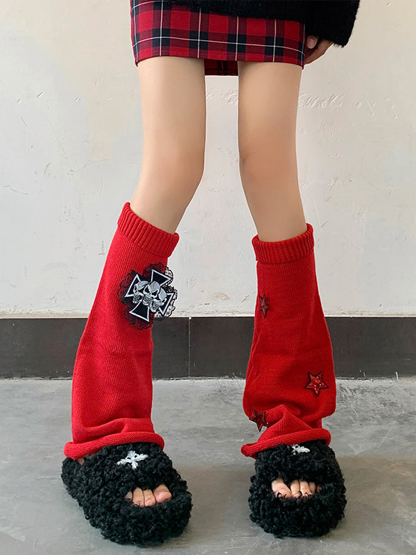 Cross Skulls Sequin Stars Details Leg Warmers Black/Red/White