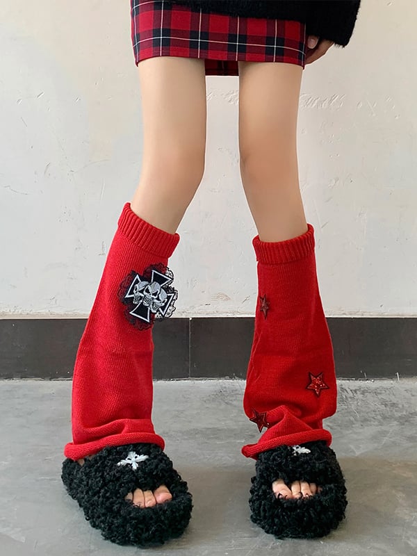 Cross Skulls Sequin Stars Details Leg Warmers Black/Red/White