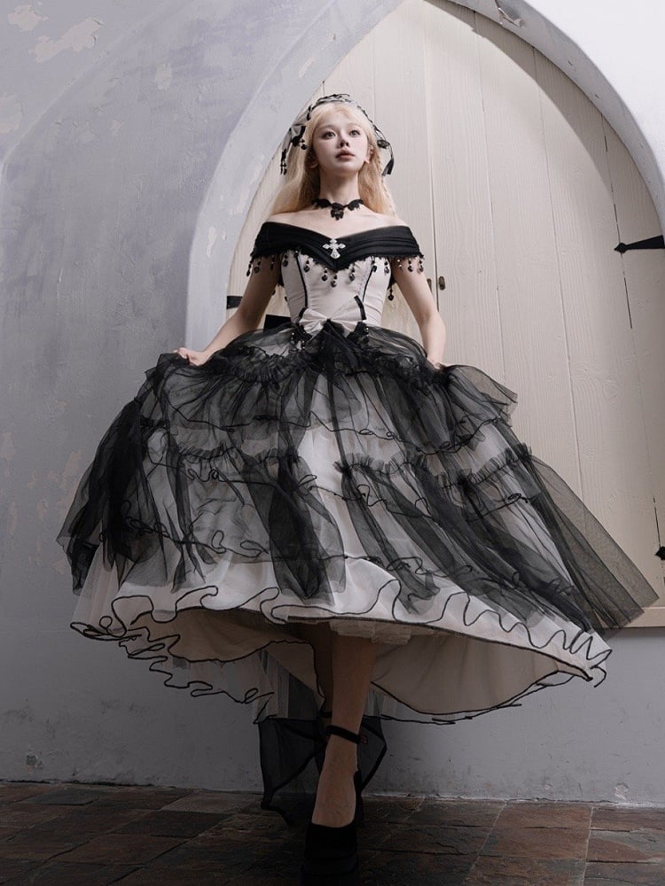 Plus Sizes Available Black Gothic Princess Off-the-shoulder Neckline Dress Black and White